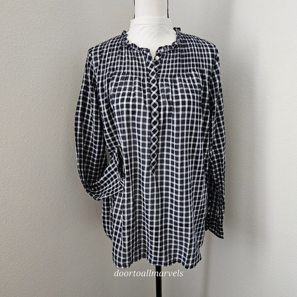 J. Crew Check Light Airy Top Women Peasant Boho NavyBlue Cotton sz 14T NWT